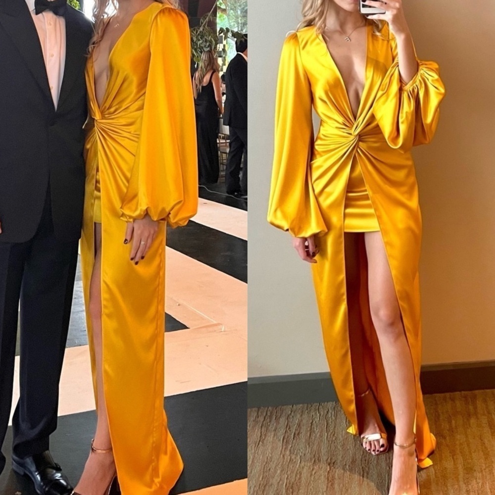 NWT REVOLVE Yellow Gown Satin Dress Maxi knot Long Sleeve Wedding Guest Size S